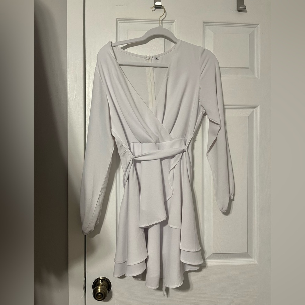 White Long Lantern Sleeve Mini Dress
